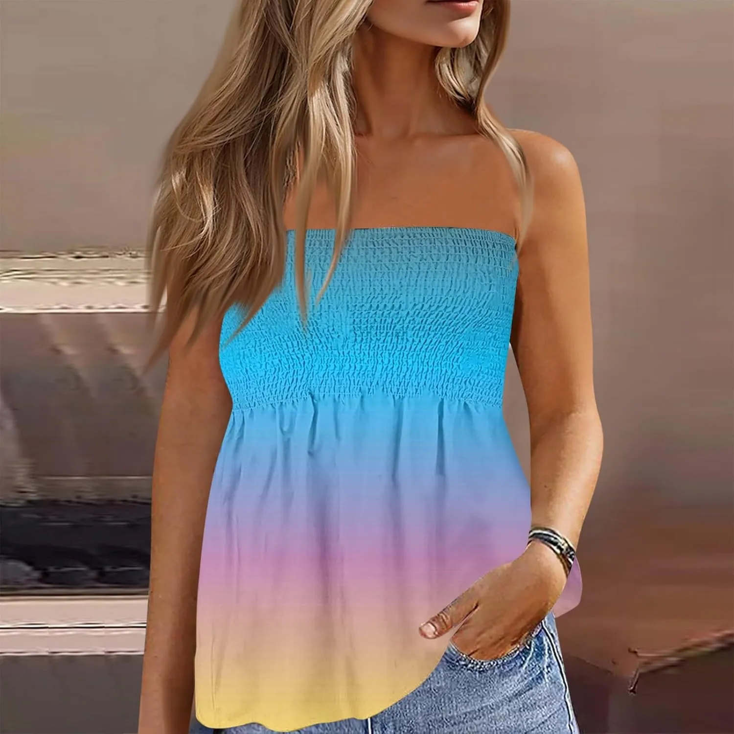 Tube Tops for Women Floral Print Sleeveless Tanks Strapless Smocked Ruffled Tube Tops Casual Lightweight Bandeau