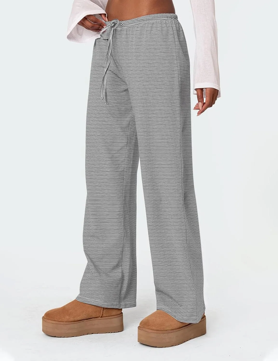 Ugerlov Women's Wide Leg Striped Pants Casual Drawstring Elastic Low Rise Pajama Pants Lounge Wear Trousers