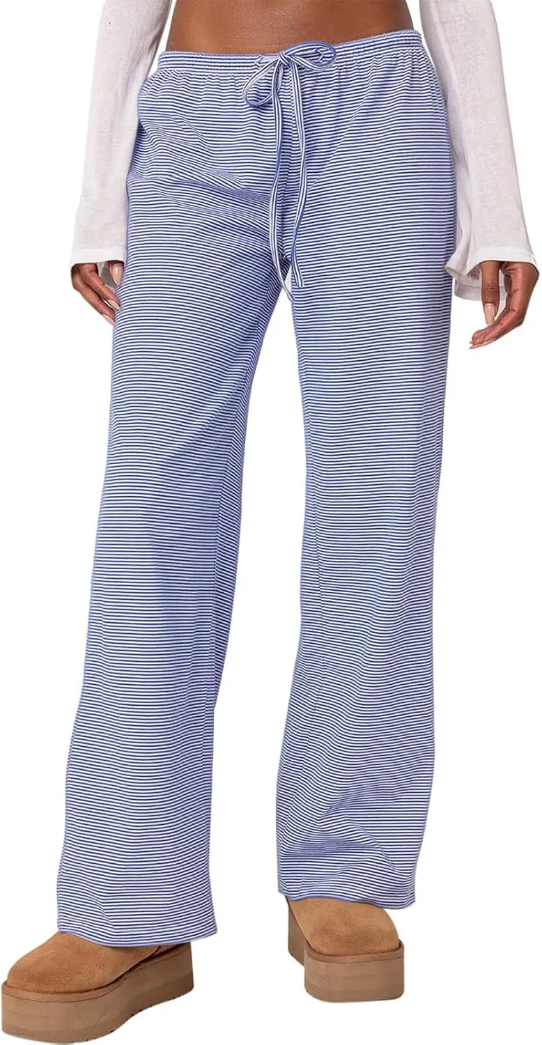 Ugerlov Women's Wide Leg Striped Pants Casual Drawstring Elastic Low Rise Pajama Pants Lounge Wear Trousers