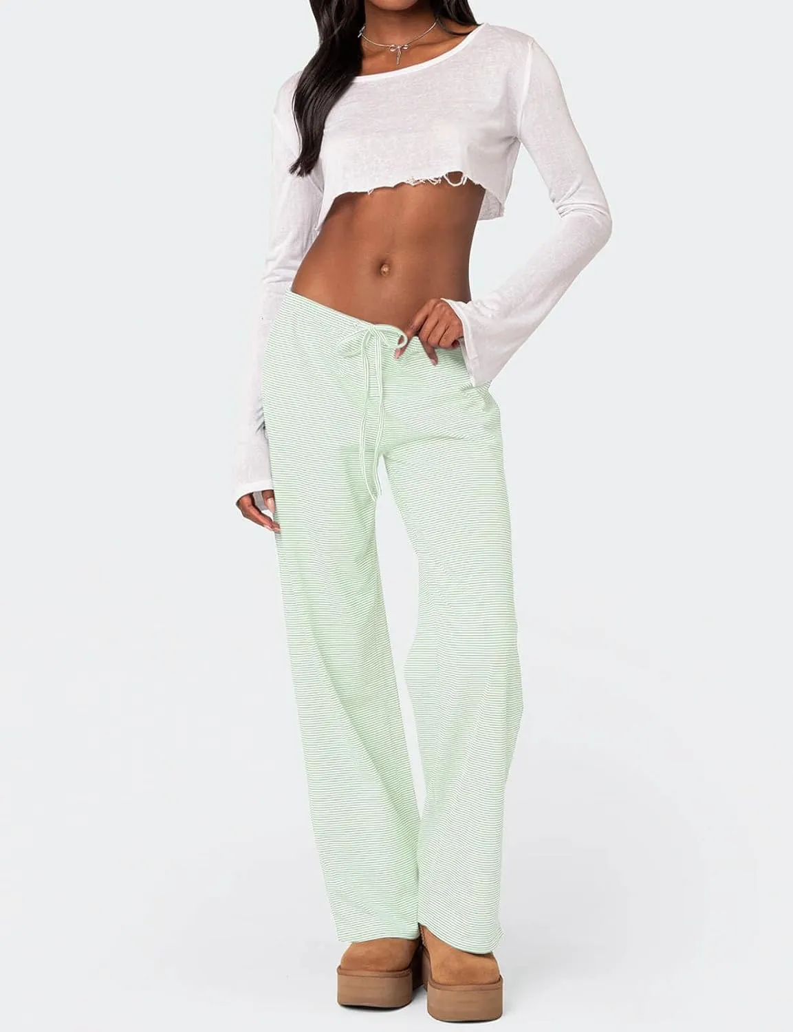 Ugerlov Women's Wide Leg Striped Pants Casual Drawstring Elastic Low Rise Pajama Pants Lounge Wear Trousers