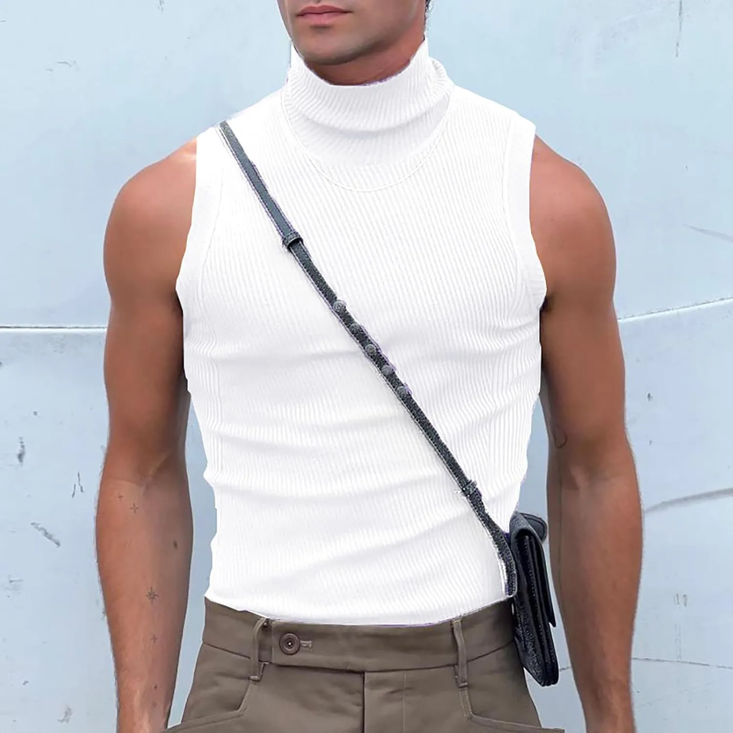 Uillui Mens Tank Tops Mock Turtleneck Sweater Casual Basic Pullover Sleeveless Fitted Gym Workout Muscle Tank Top Undershirt
