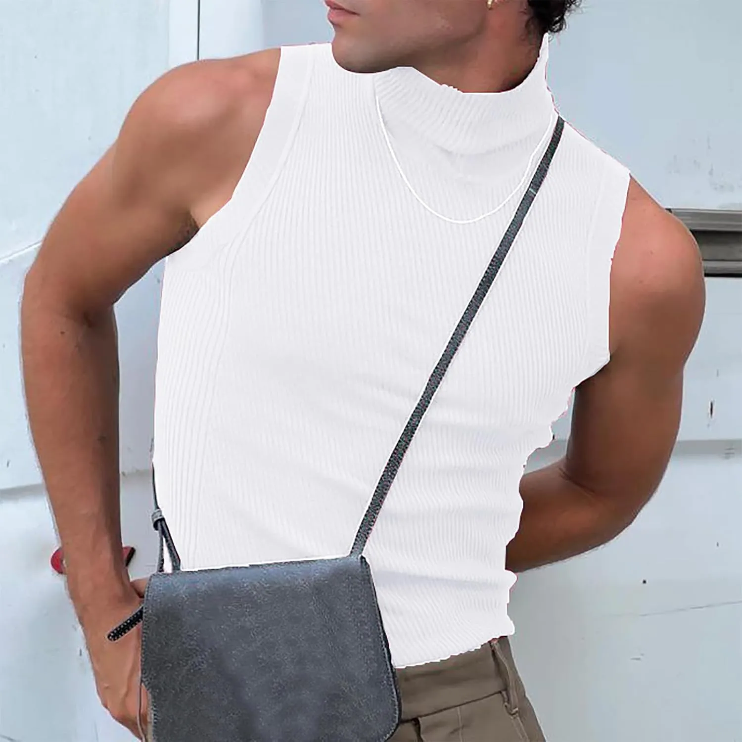 Uillui Mens Tank Tops Mock Turtleneck Sweater Casual Basic Pullover Sleeveless Fitted Gym Workout Muscle Tank Top Undershirt