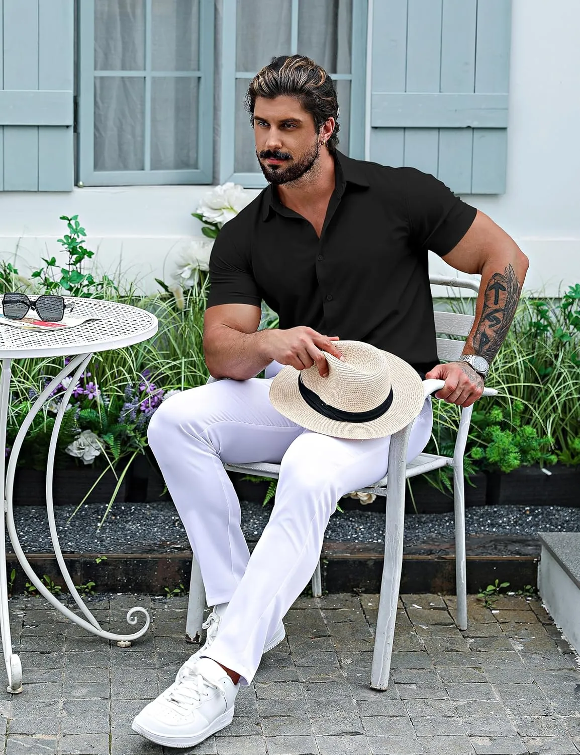 URRU Men's Muscle Dress Shirts Slim Fit Stretch Short Sleeve Casual Button Down Shirts for Men
