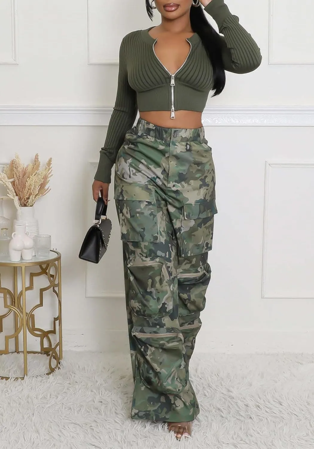 Vakkest Women's Camo Cargo Pants High Waist Slim Fit Trousers Camouflage Active Jogger Pocket Sweatpants with Belt