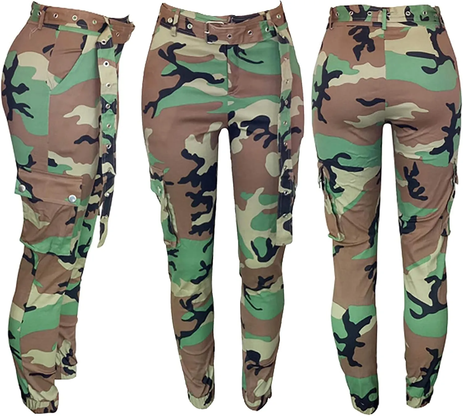 Vakkest Women's Camo Cargo Pants High Waist Slim Fit Trousers Camouflage Active Jogger Pocket Sweatpants with Belt