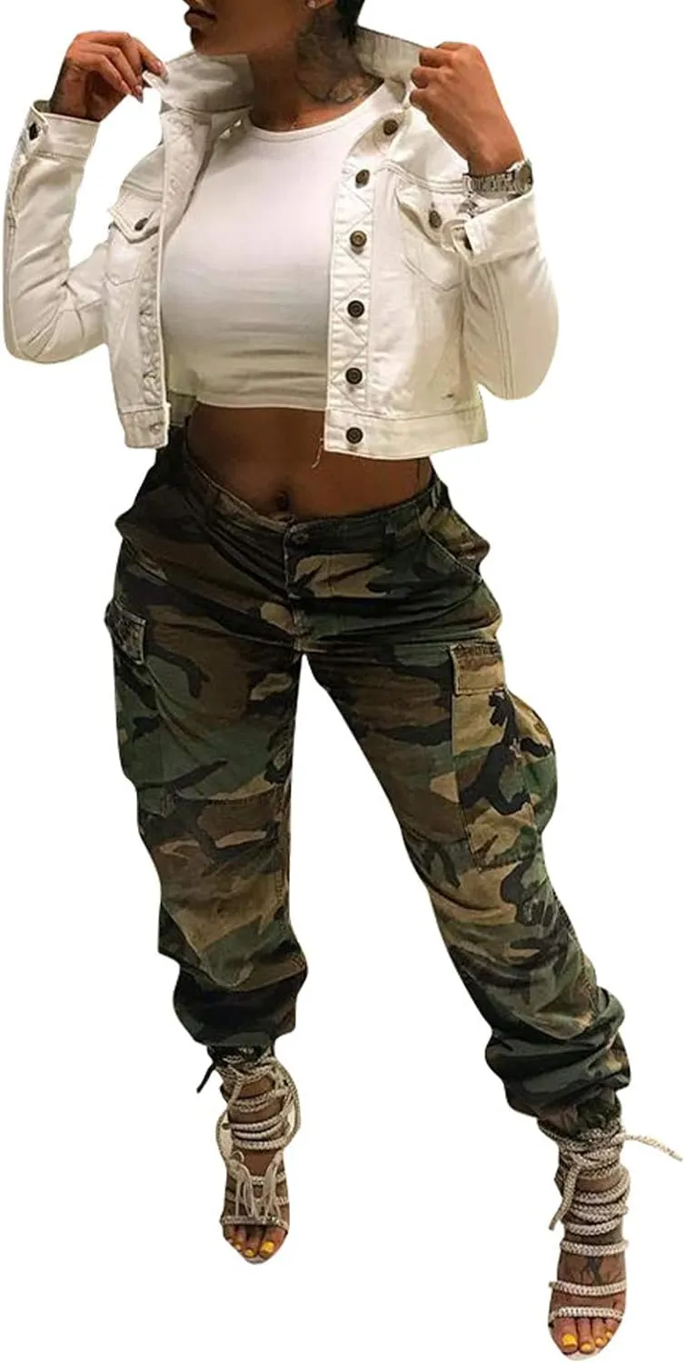 Vakkest Women's Camo Cargo Pants High Waist Slim Fit Trousers Camouflage Active Jogger Pocket Sweatpants with Belt