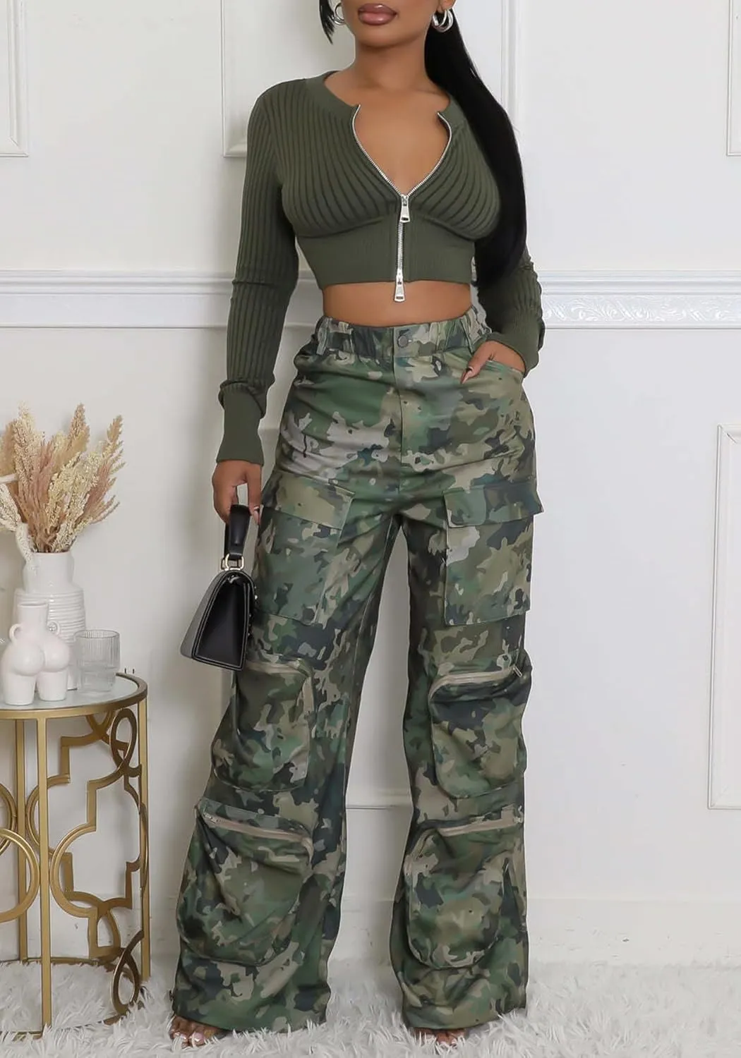 Vakkest Women's Camo Cargo Pants High Waist Slim Fit Trousers Camouflage Active Jogger Pocket Sweatpants with Belt