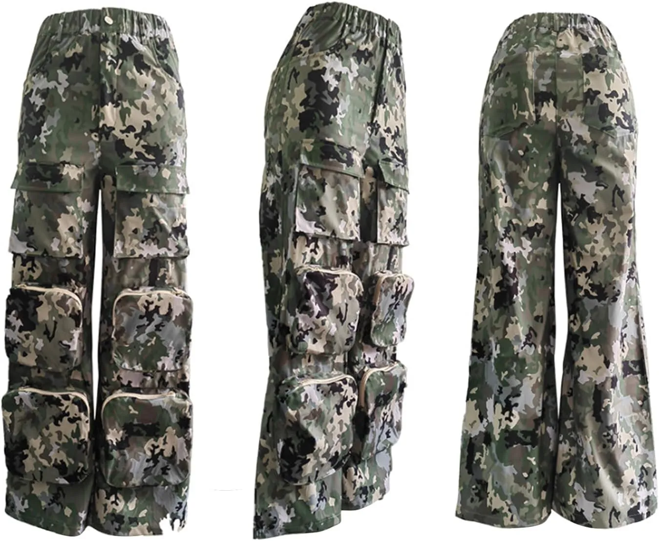 Vakkest Women's Camo Cargo Pants High Waist Slim Fit Trousers Camouflage Active Jogger Pocket Sweatpants with Belt