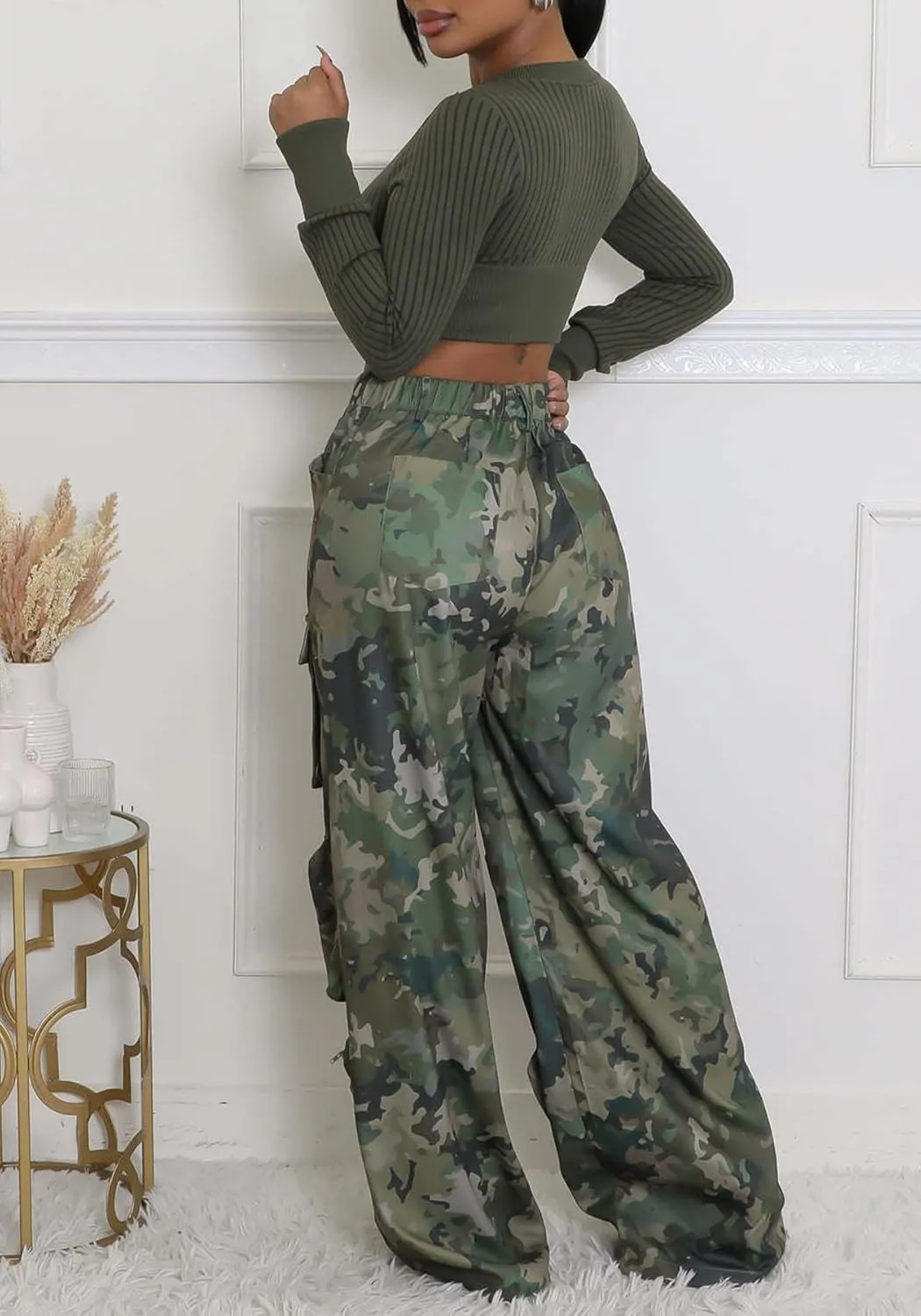 Vakkest Women's Camo Cargo Pants High Waist Slim Fit Trousers Camouflage Active Jogger Pocket Sweatpants with Belt