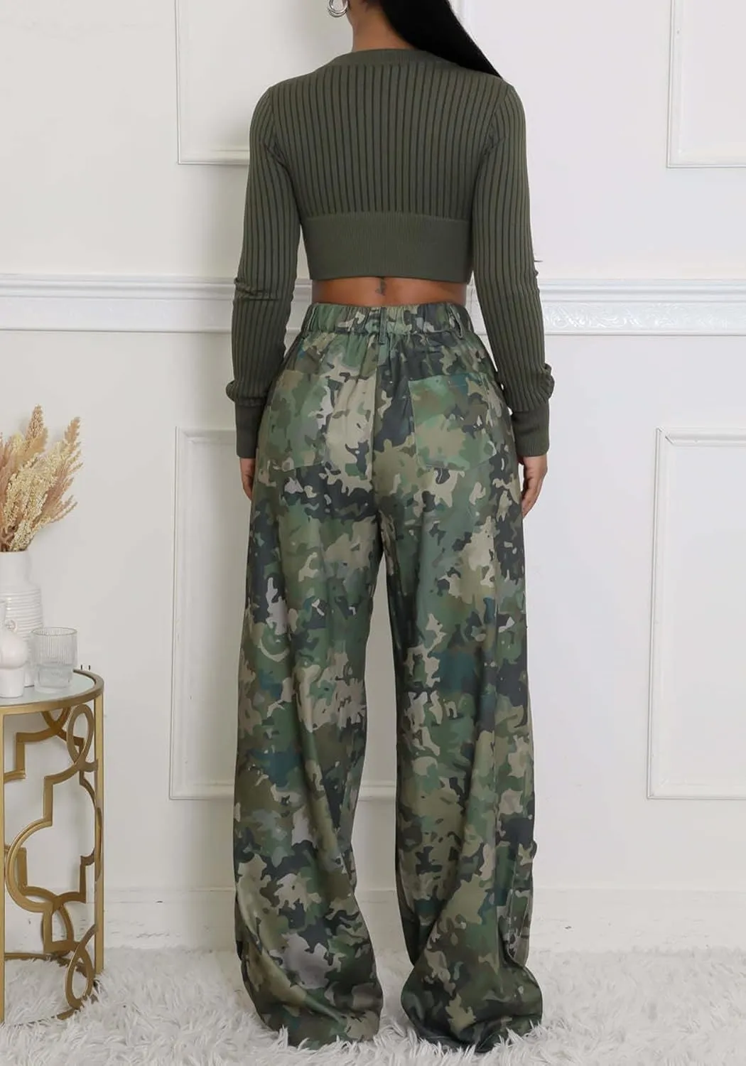 Vakkest Women's Camo Cargo Pants High Waist Slim Fit Trousers Camouflage Active Jogger Pocket Sweatpants with Belt