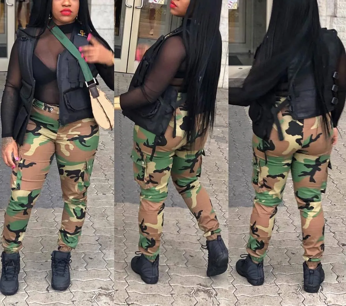 Vakkest Women's Camo Cargo Pants High Waist Slim Fit Trousers Camouflage Active Jogger Pocket Sweatpants with Belt
