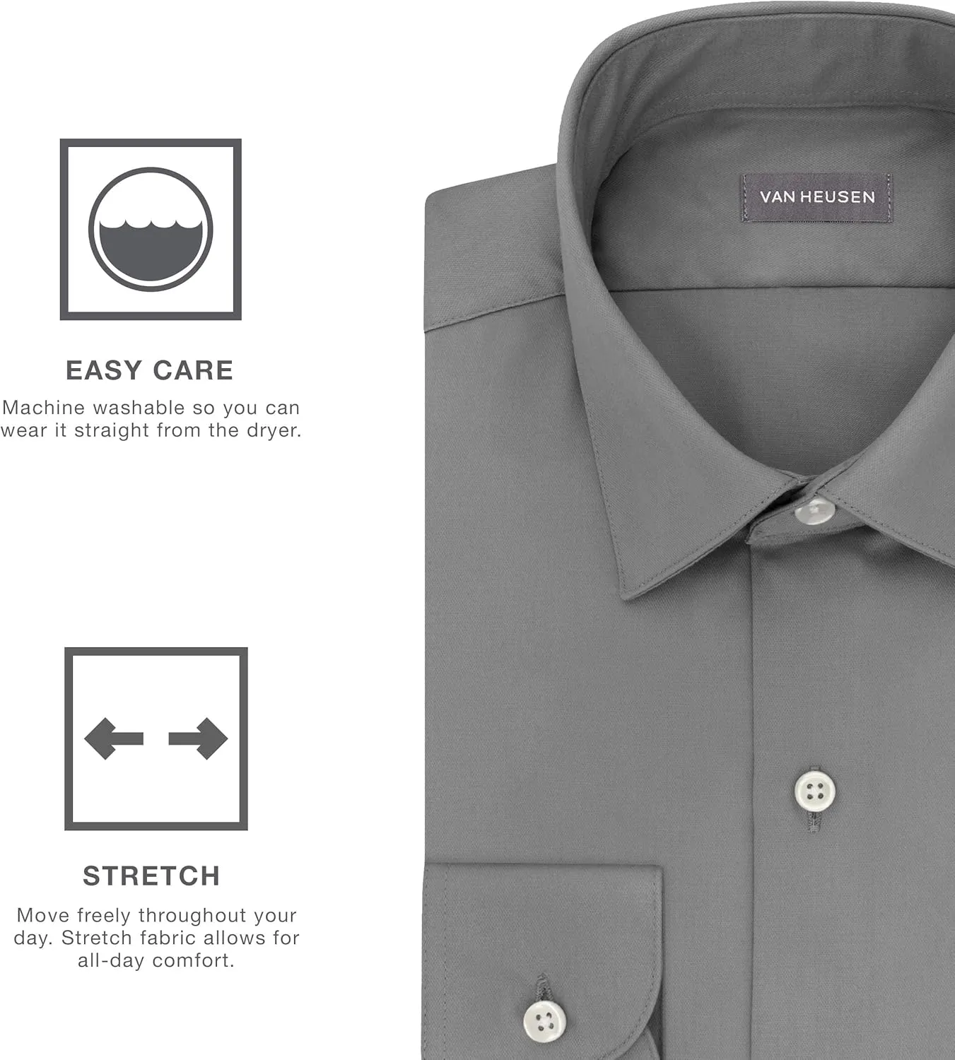 Van Heusen Men's Dress Shirts Fitted Lux Sateen Stretch Solid Spread Collar