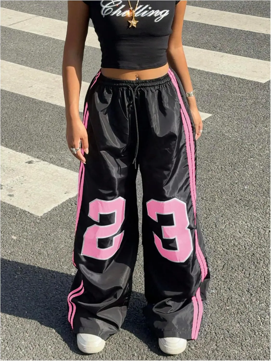 Verdusa Women's Number Striped Wide Leg Baggy Long Pants Drawstring Waist Straight Trousers