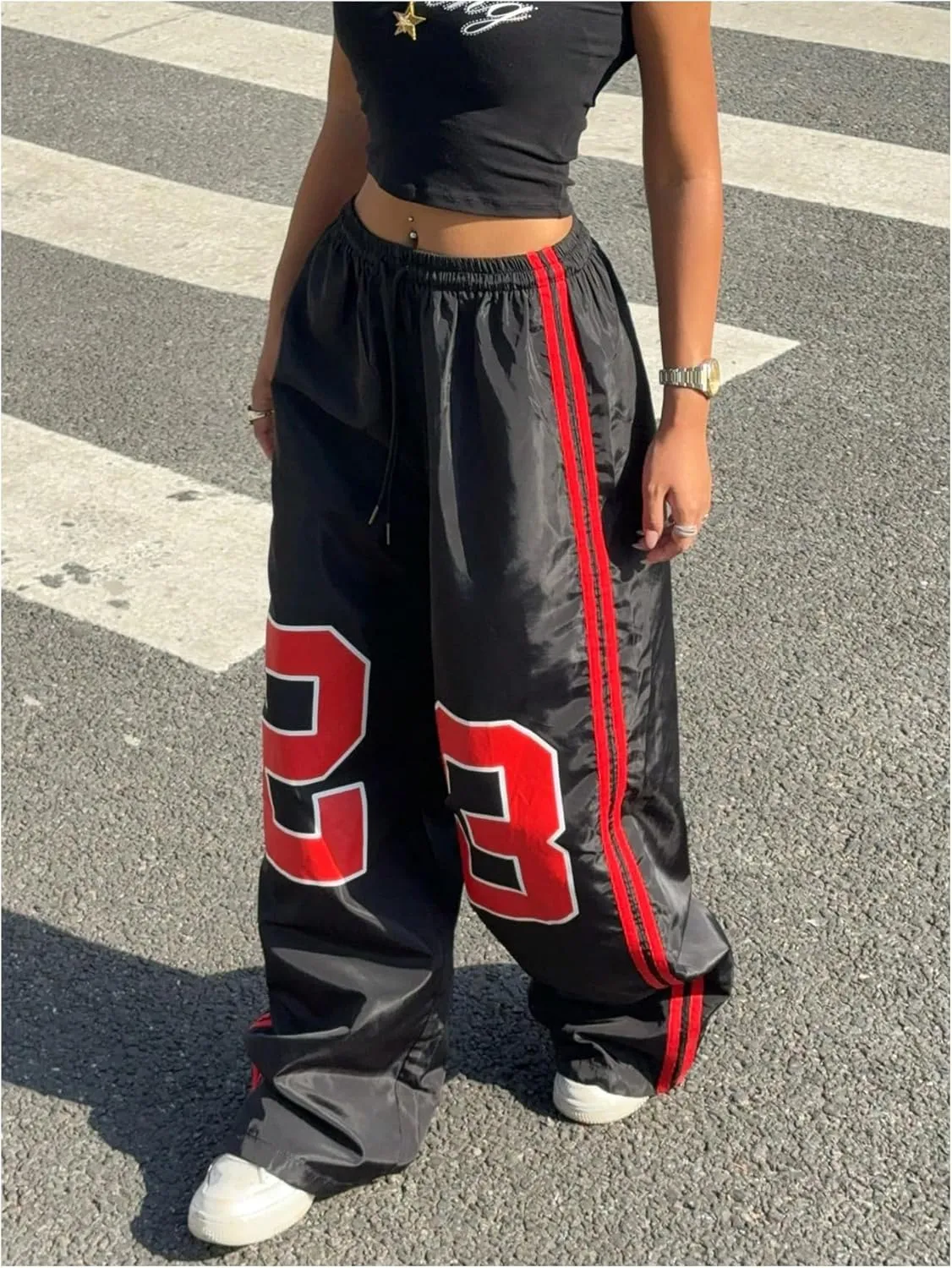 Verdusa Women's Number Striped Wide Leg Baggy Long Pants Drawstring Waist Straight Trousers