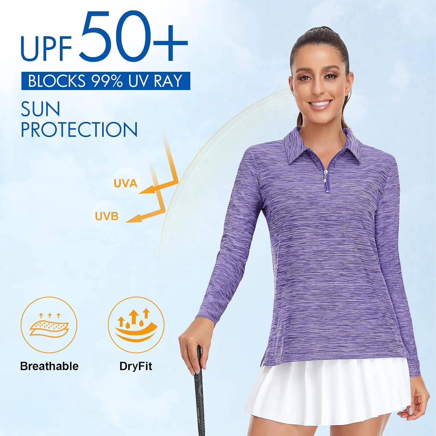 Viracy Womens Golf Shirt UPF50  Sun Protection Long Sleeve 1/4 Zip Up Polo Workout Tops Fast Dry Fit Moisture Wicking