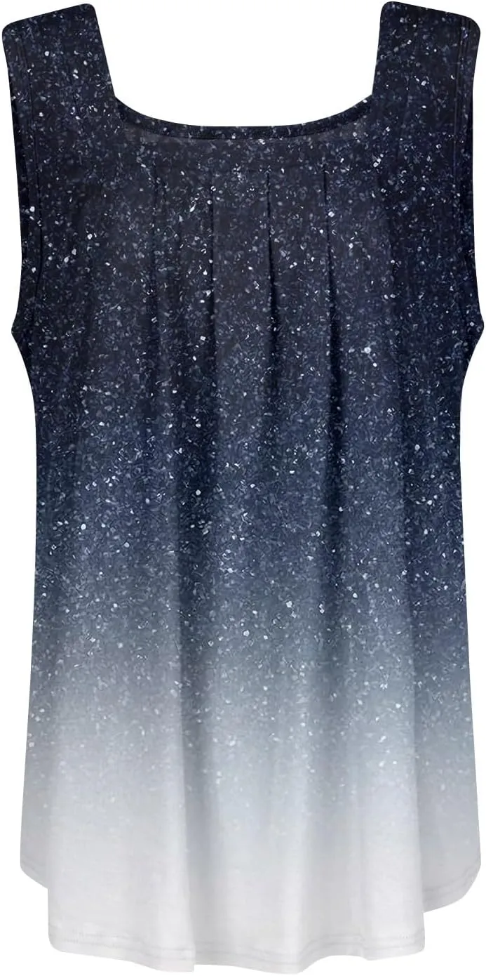 WANZZXCSL Womens Summer Tank Tops for Women Loose Fit Pleated Square Neck Sleeveless Tops Curved Hem Flowy Loose Fit Shirts