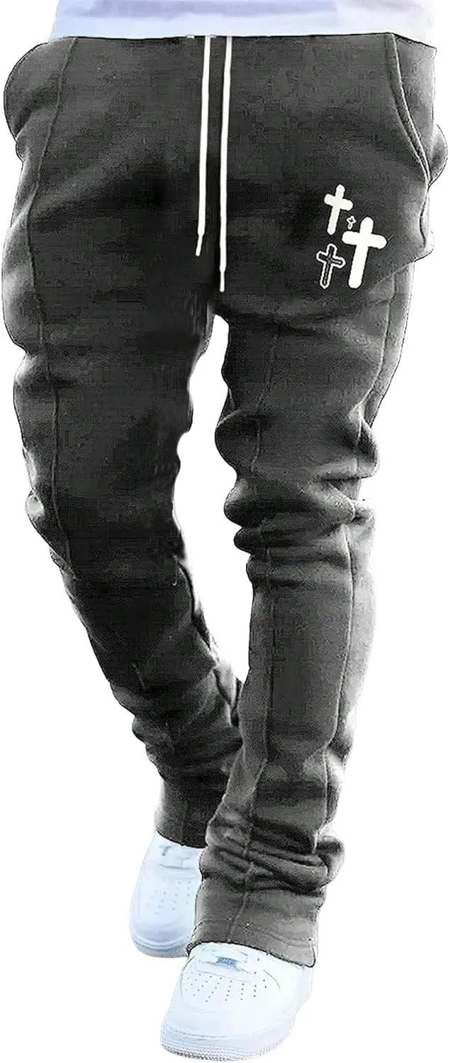WDIRARA Men's Graphic Printed Stacked Sweatpants Flared Leg Y2K Drawstring Waisted Casual Jogger Pants with Pockets