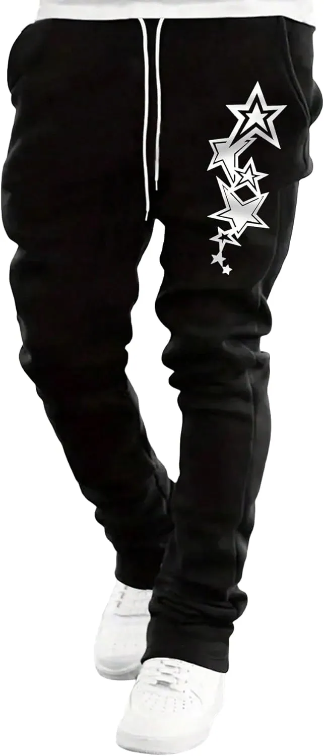 WDIRARA Men's Graphic Printed Stacked Sweatpants Flared Leg Y2K Drawstring Waisted Casual Jogger Pants with Pockets