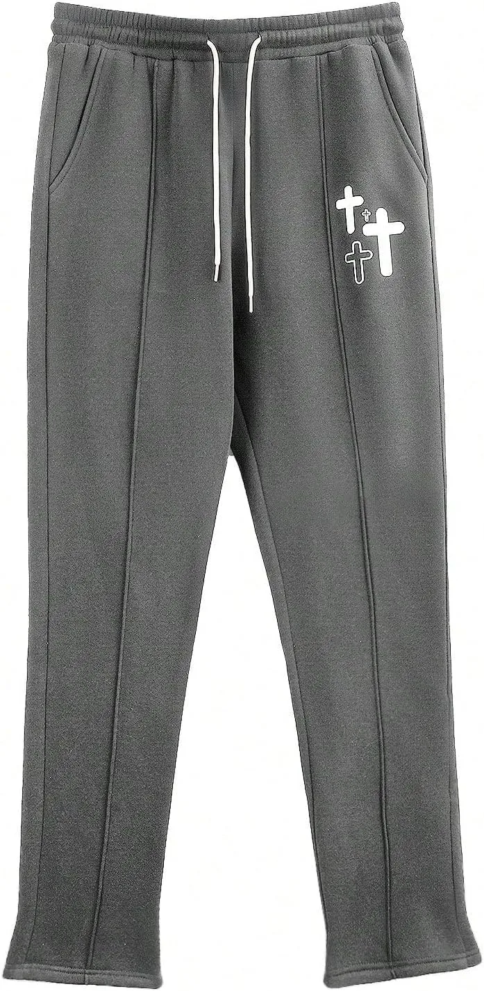 WDIRARA Men's Graphic Printed Stacked Sweatpants Flared Leg Y2K Drawstring Waisted Casual Jogger Pants with Pockets