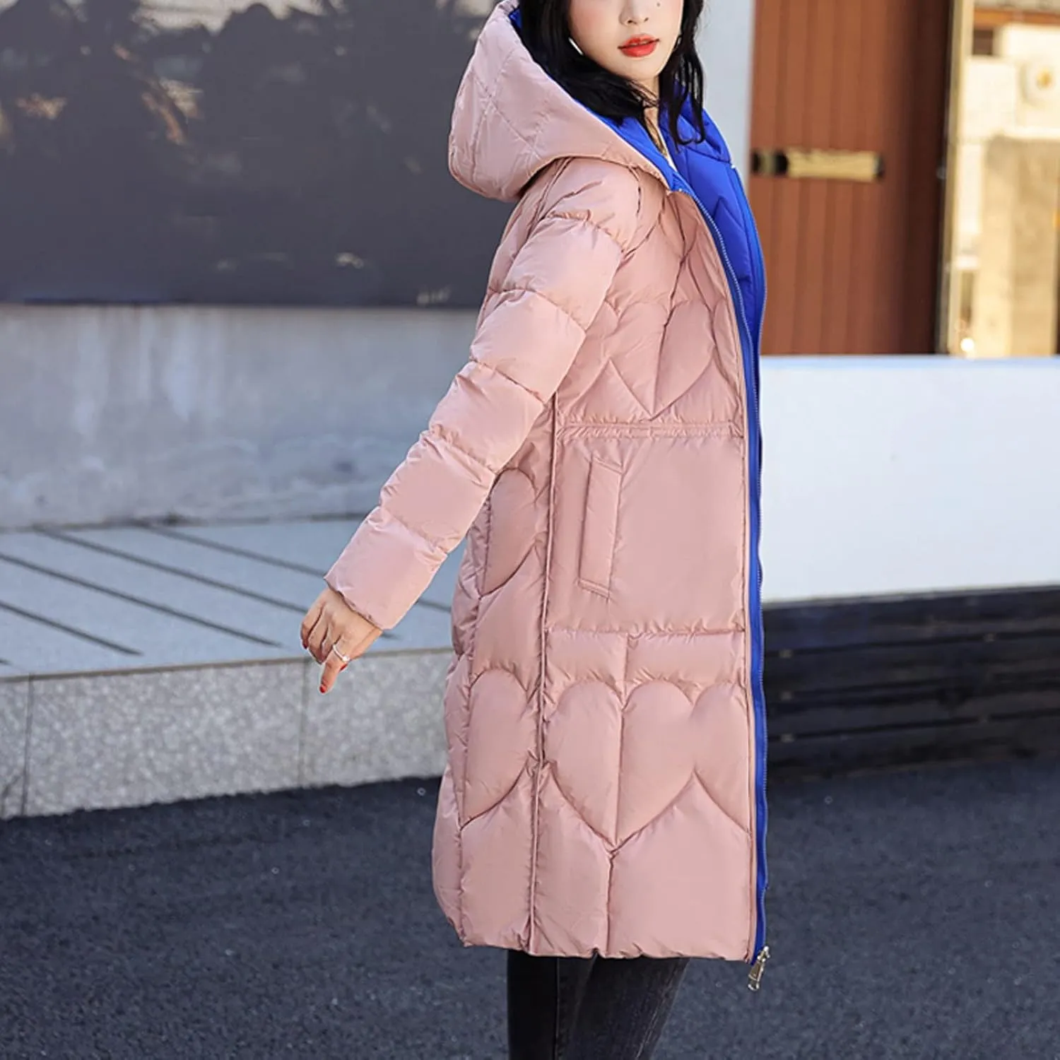 Winter Coats for Women Trendy Long Puffer Jacket Reversible Wear Zipper Hooded Down Coat Casual Warm Quilted Outwear