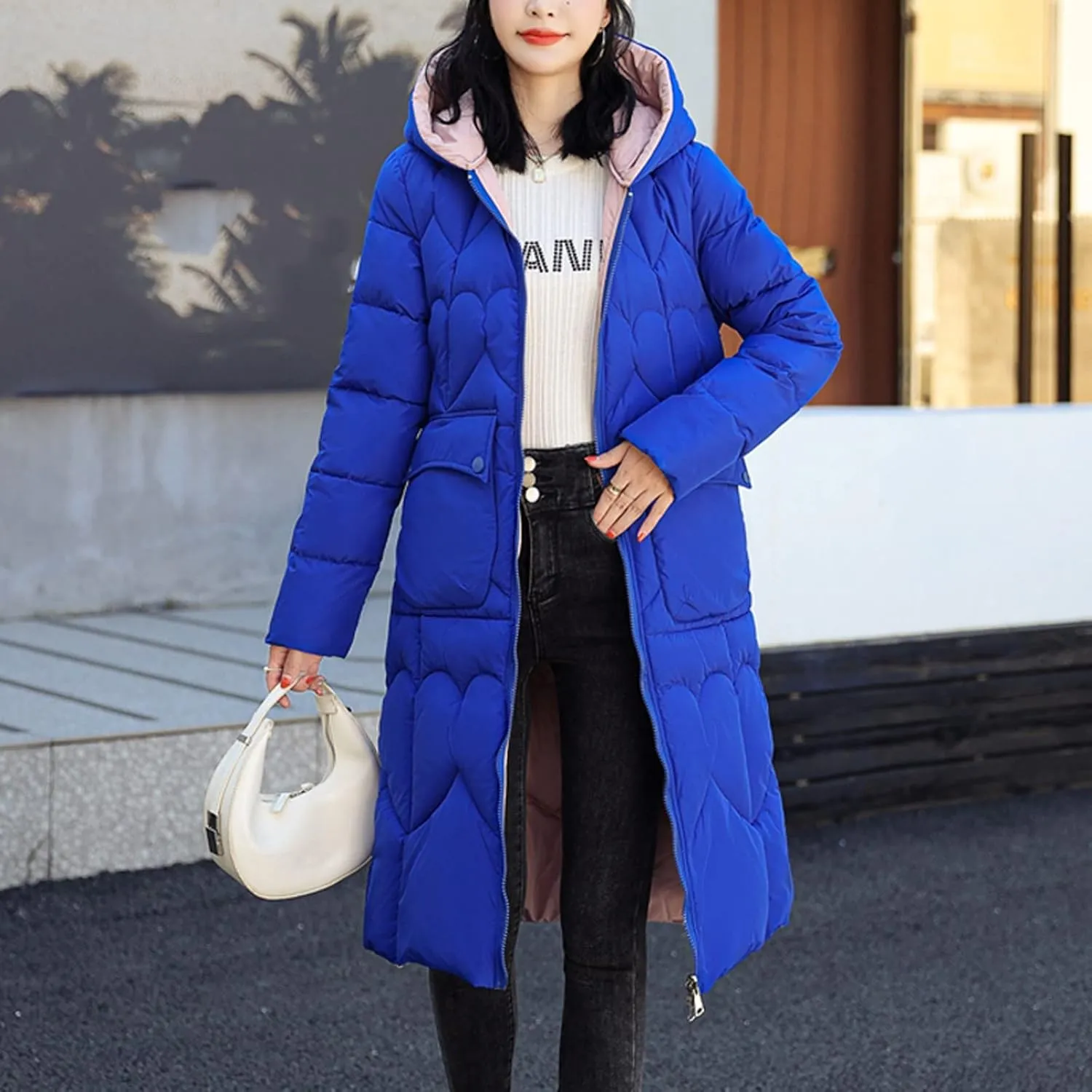 Winter Coats for Women Trendy Long Puffer Jacket Reversible Wear Zipper Hooded Down Coat Casual Warm Quilted Outwear