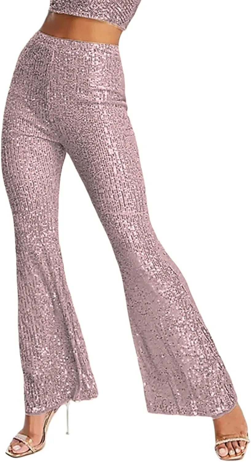 Women Glitter Sequin Wide Leg Pants Casual Elastic High Waist Straight Pants Trousers Party Clubwear