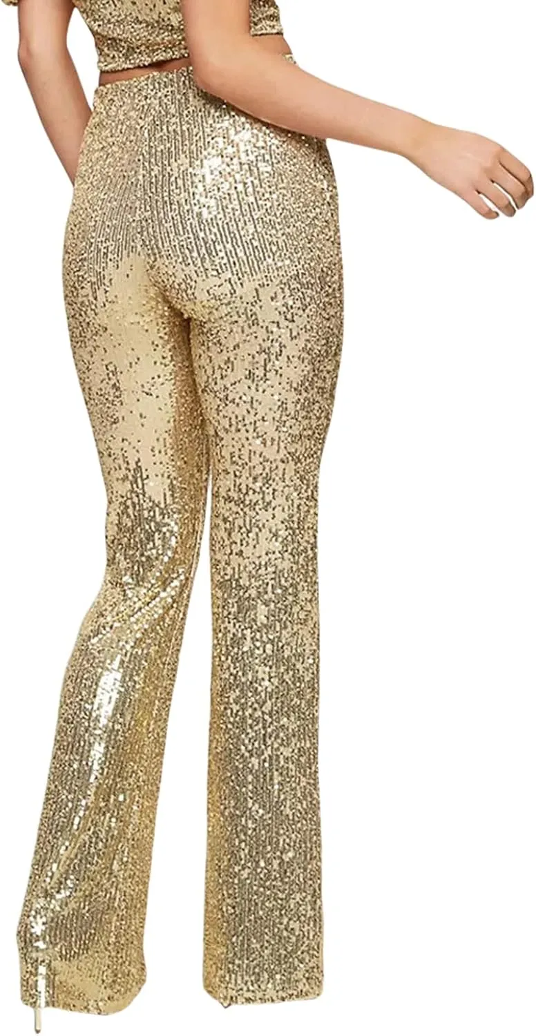 Women Glitter Sequin Wide Leg Pants Casual Elastic High Waist Straight Pants Trousers Party Clubwear
