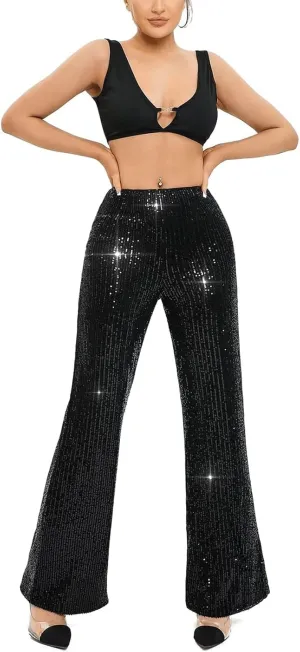 Women Glitter Sequin Wide Leg Pants Casual Elastic High Waist Straight Pants Trousers Party Clubwear