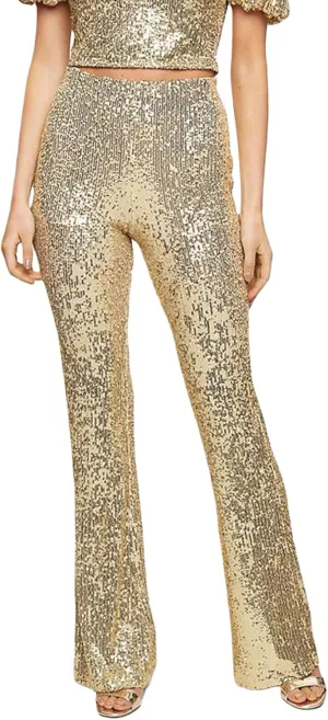 Women Glitter Sequin Wide Leg Pants Casual Elastic High Waist Straight Pants Trousers Party Clubwear