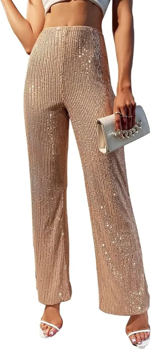 Women Glitter Sequin Wide Leg Pants Casual Elastic High Waist Straight Pants Trousers Party Clubwear
