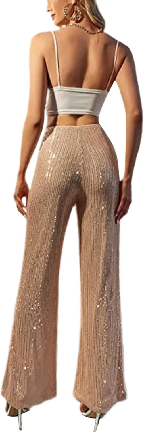 Women Glitter Sequin Wide Leg Pants Casual Elastic High Waist Straight Pants Trousers Party Clubwear