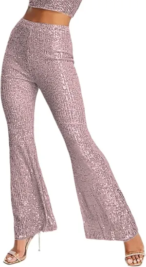 Women Glitter Sequin Wide Leg Pants Casual Elastic High Waist Straight Pants Trousers Party Clubwear