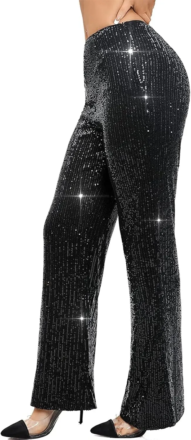 Women Glitter Sequin Wide Leg Pants Casual Elastic High Waist Straight Pants Trousers Party Clubwear
