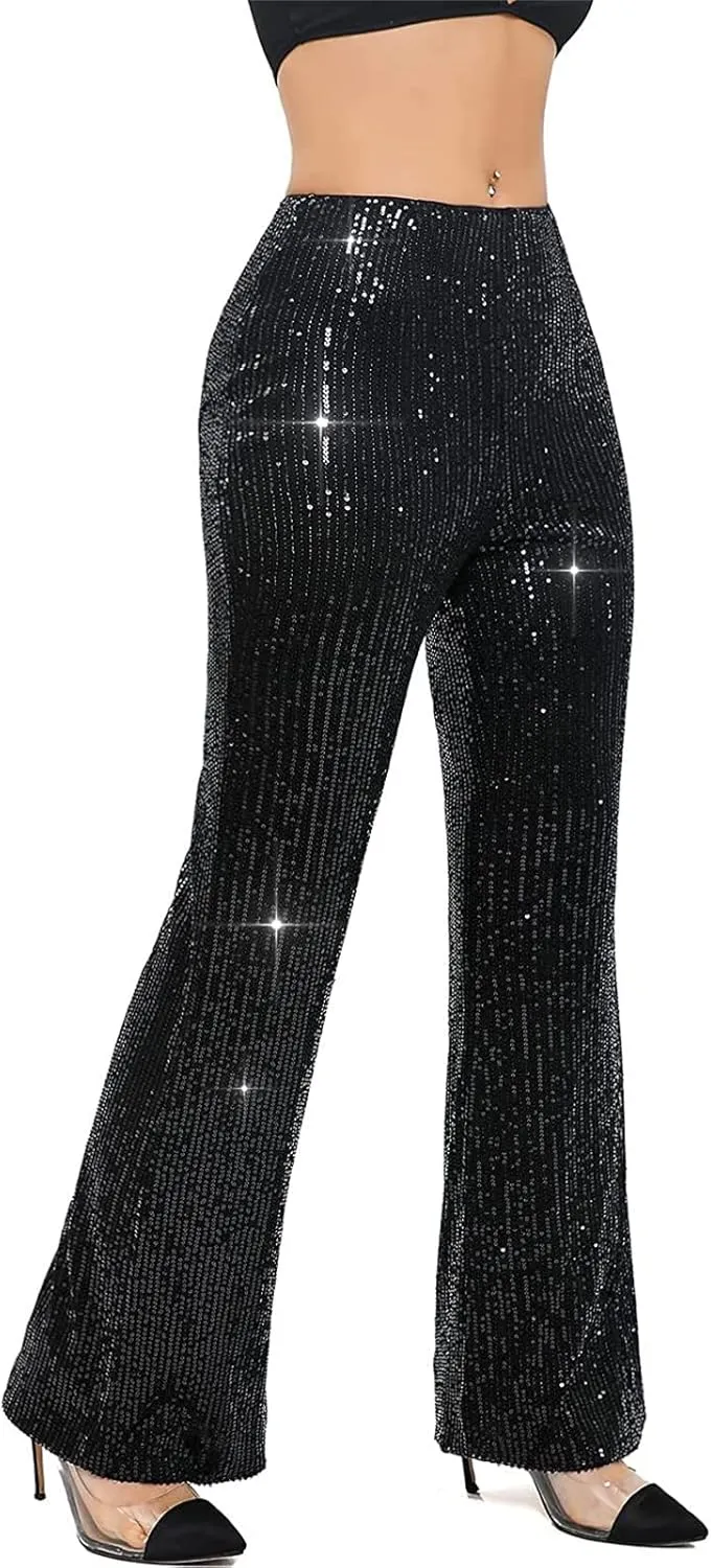 Women Glitter Sequin Wide Leg Pants Casual Elastic High Waist Straight Pants Trousers Party Clubwear