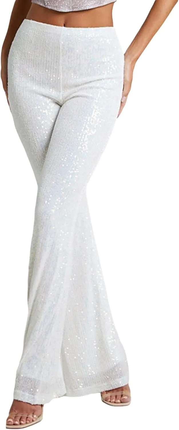 Women Glitter Sequin Wide Leg Pants Casual Elastic High Waist Straight Pants Trousers Party Clubwear