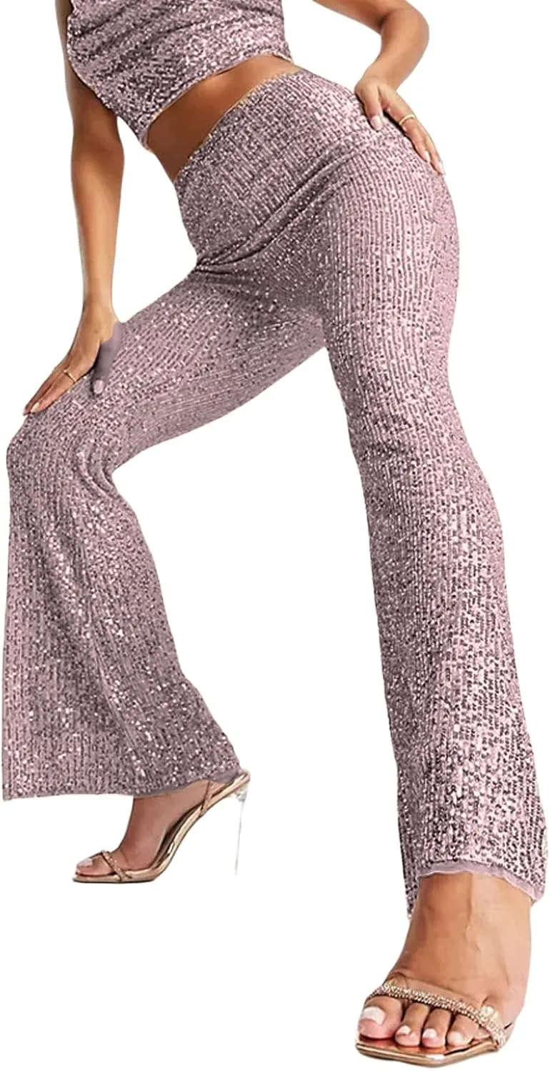 Women Glitter Sequin Wide Leg Pants Casual Elastic High Waist Straight Pants Trousers Party Clubwear