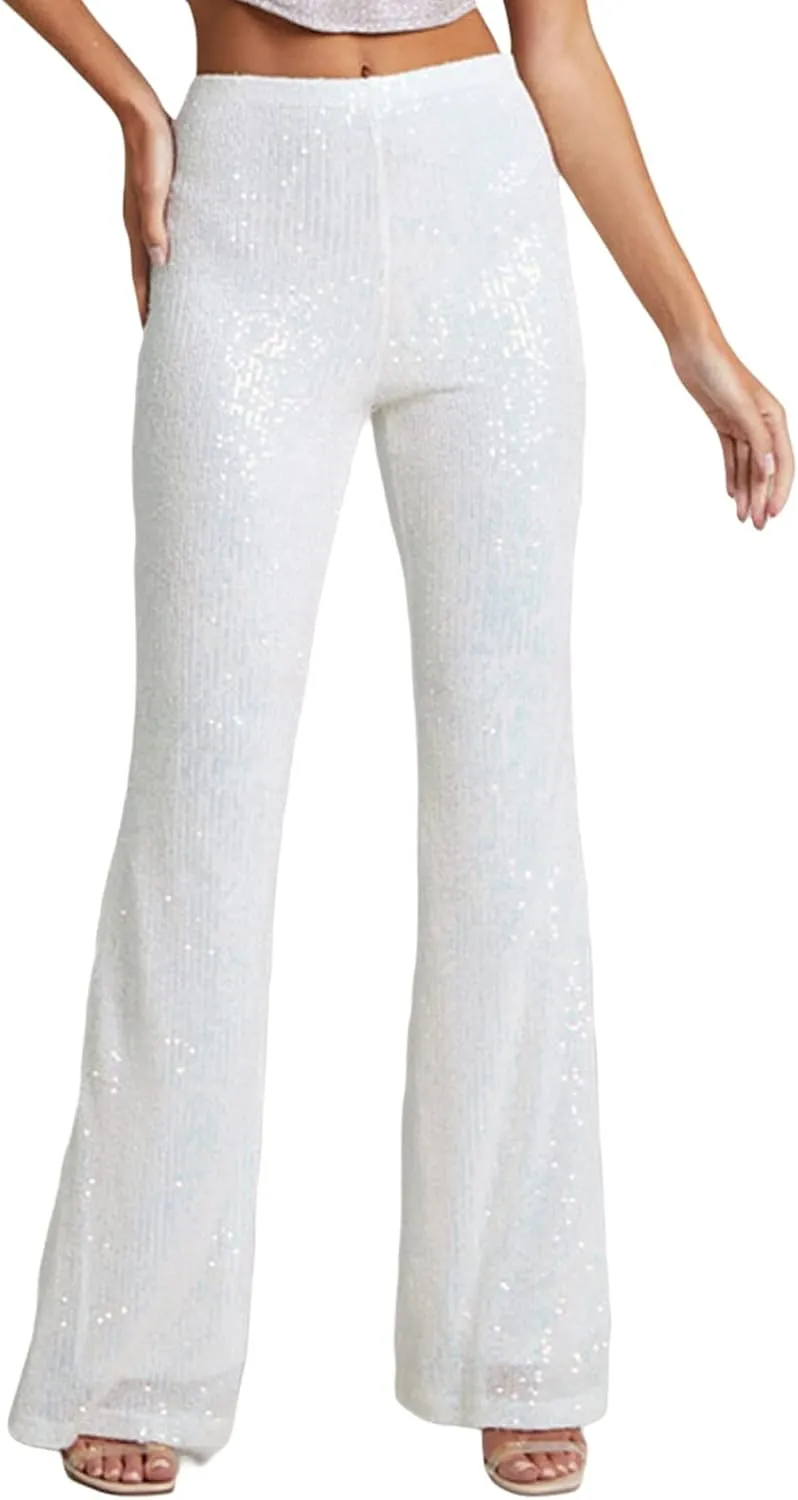 Women Glitter Sequin Wide Leg Pants Casual Elastic High Waist Straight Pants Trousers Party Clubwear