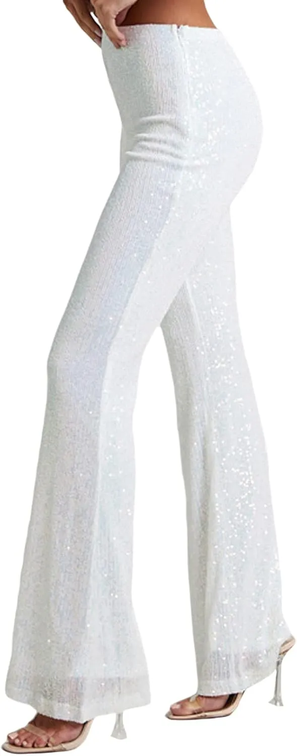 Women Glitter Sequin Wide Leg Pants Casual Elastic High Waist Straight Pants Trousers Party Clubwear