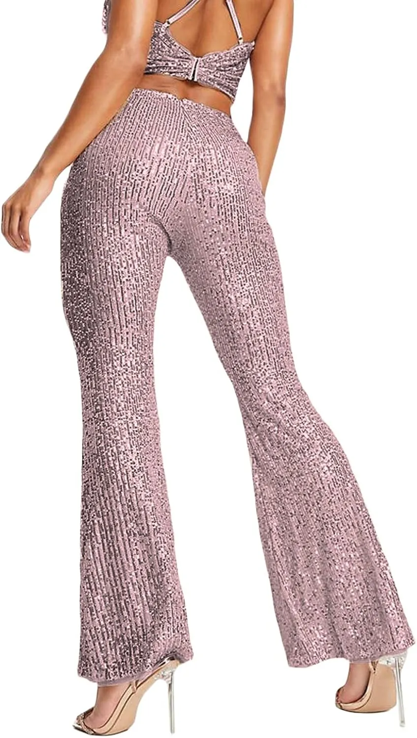 Women Glitter Sequin Wide Leg Pants Casual Elastic High Waist Straight Pants Trousers Party Clubwear