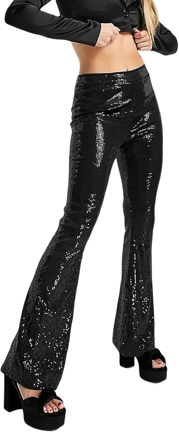 Women Glitter Sequin Wide Leg Pants Casual Elastic High Waist Straight Pants Trousers Party Clubwear