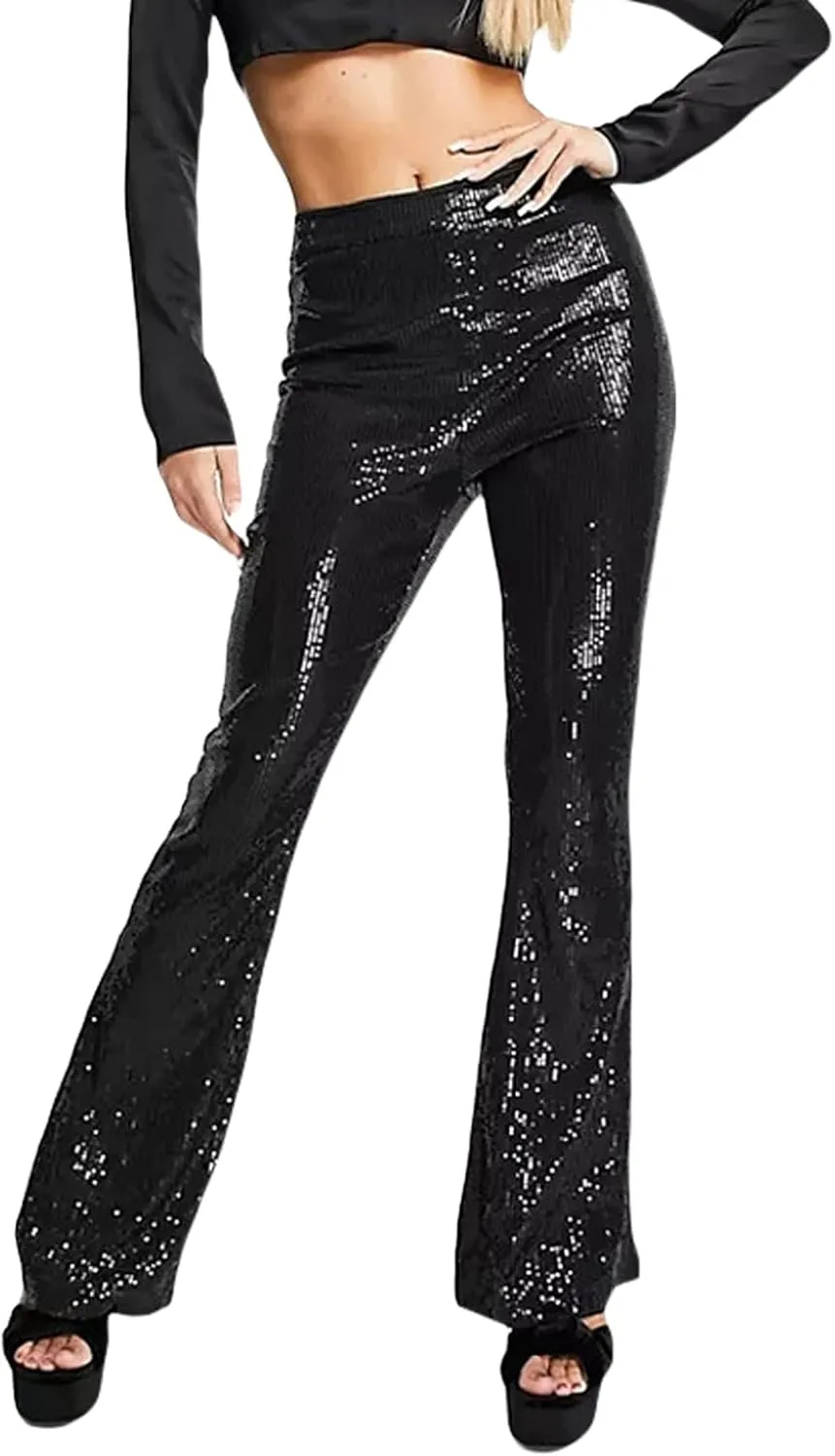 Women Glitter Sequin Wide Leg Pants Casual Elastic High Waist Straight Pants Trousers Party Clubwear