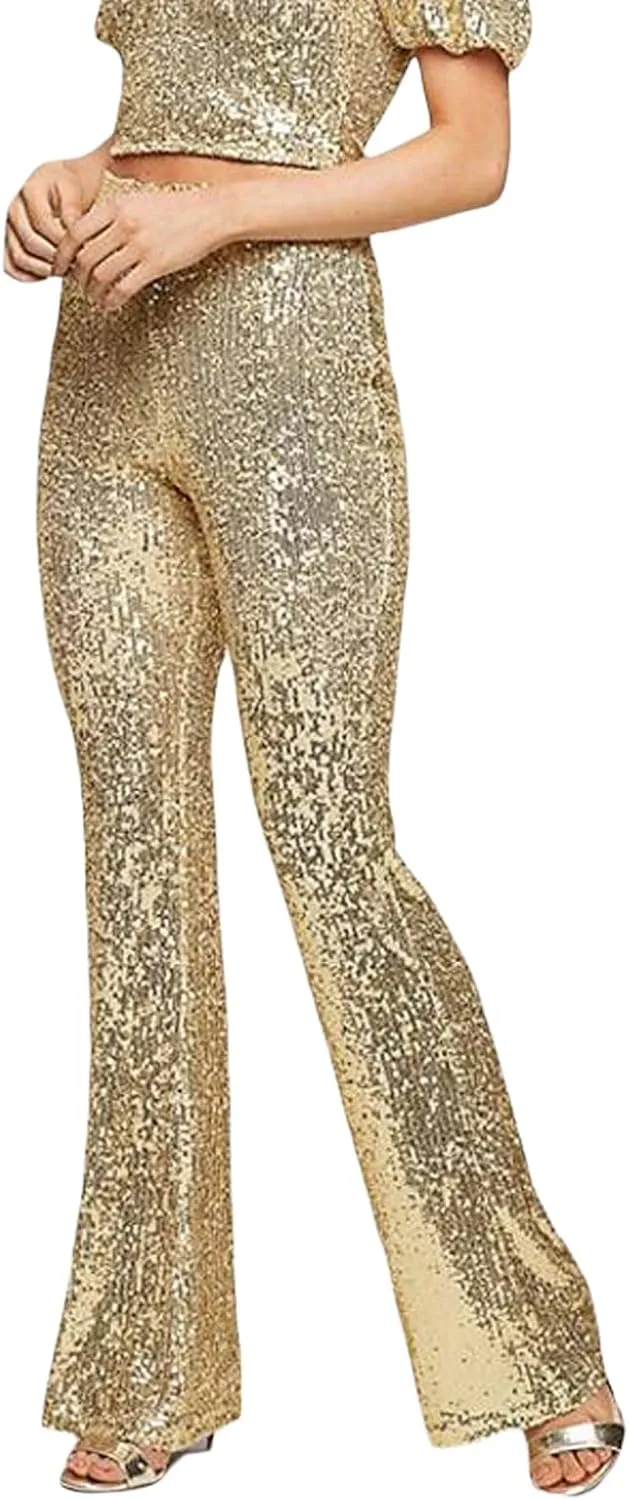 Women Glitter Sequin Wide Leg Pants Casual Elastic High Waist Straight Pants Trousers Party Clubwear