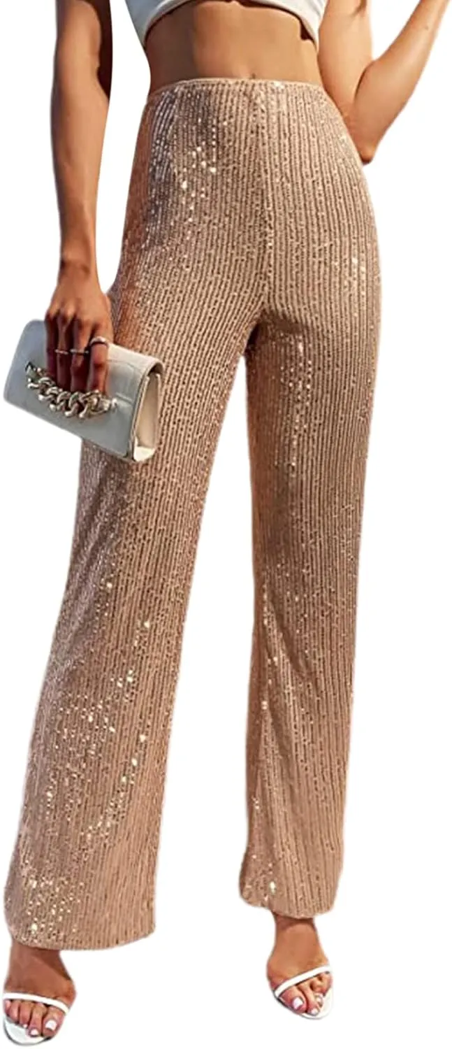 Women Glitter Sequin Wide Leg Pants Casual Elastic High Waist Straight Pants Trousers Party Clubwear