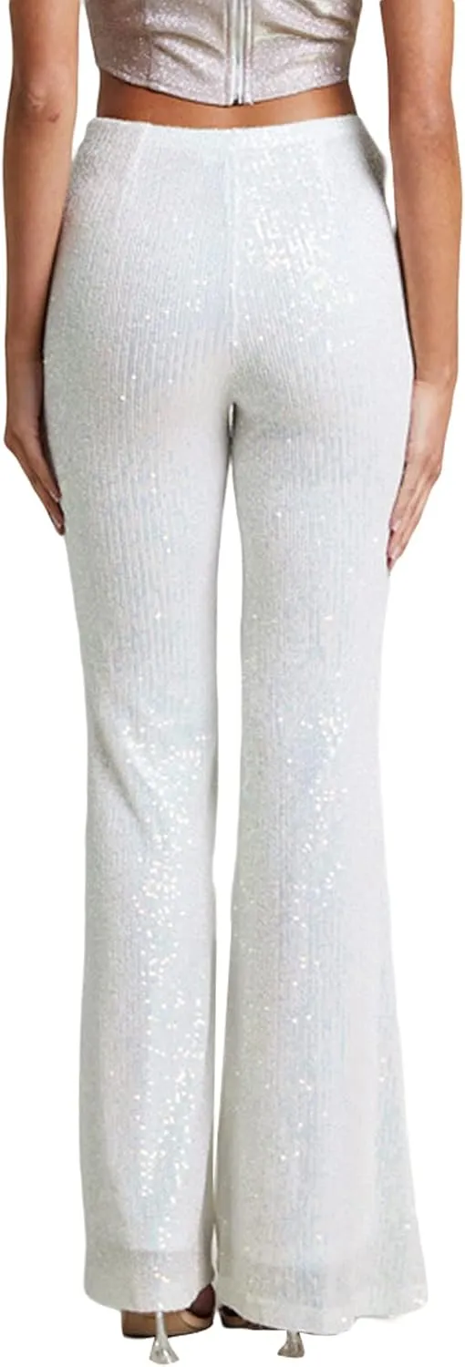 Women Glitter Sequin Wide Leg Pants Casual Elastic High Waist Straight Pants Trousers Party Clubwear