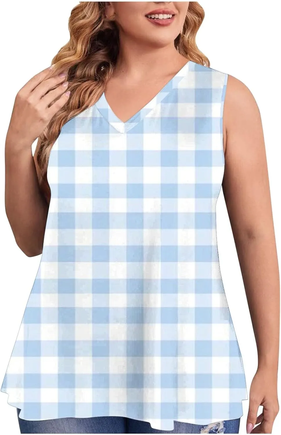 Women Plus Size Tank Tops Fashion V Neck Striped Print Sleeveless Tunic Top Casual Loose Fit Lightweight Tee Shirts