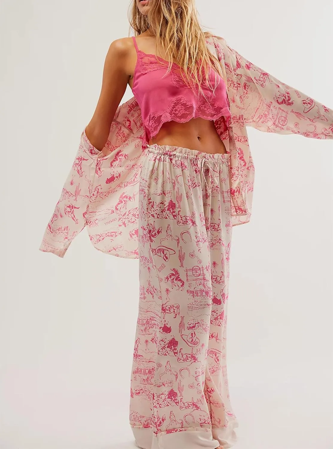 Women Satin Pajama Set Floral Silk Pajamas 2 Piece Lounge Sets Button Down Shirts Wide Leg Pants Pjs Sleepwear