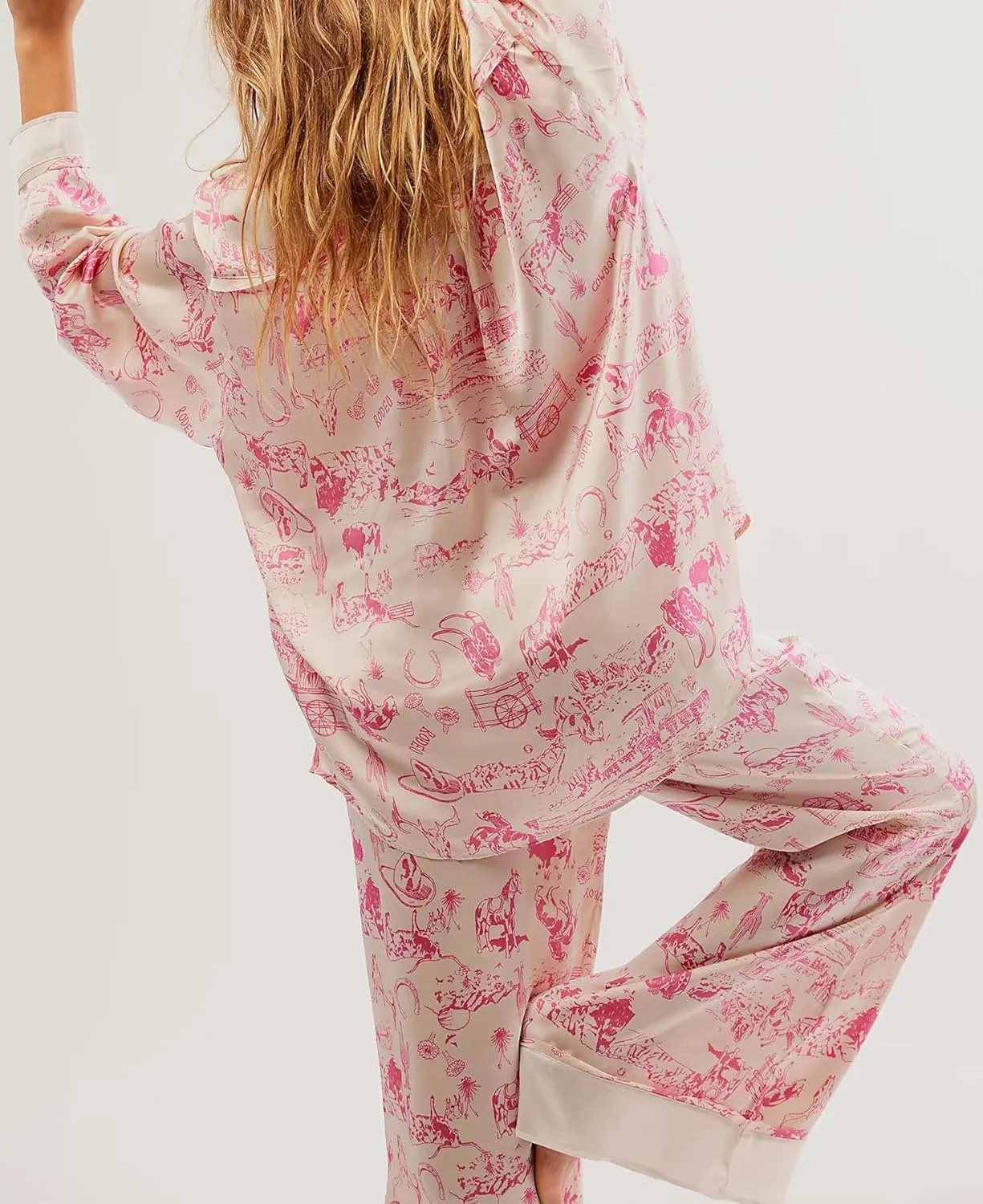 Women Satin Pajama Set Floral Silk Pajamas 2 Piece Lounge Sets Button Down Shirts Wide Leg Pants Pjs Sleepwear
