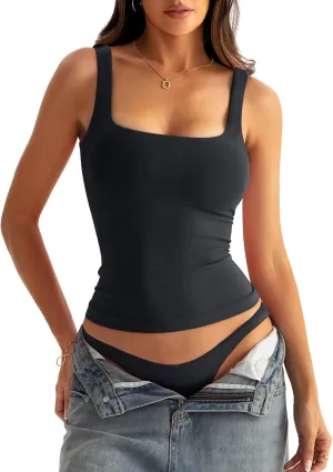 Women Square Neck Tank Tops with Shelf Bras Seamless Sleeveless Fitted Shirts Black Small