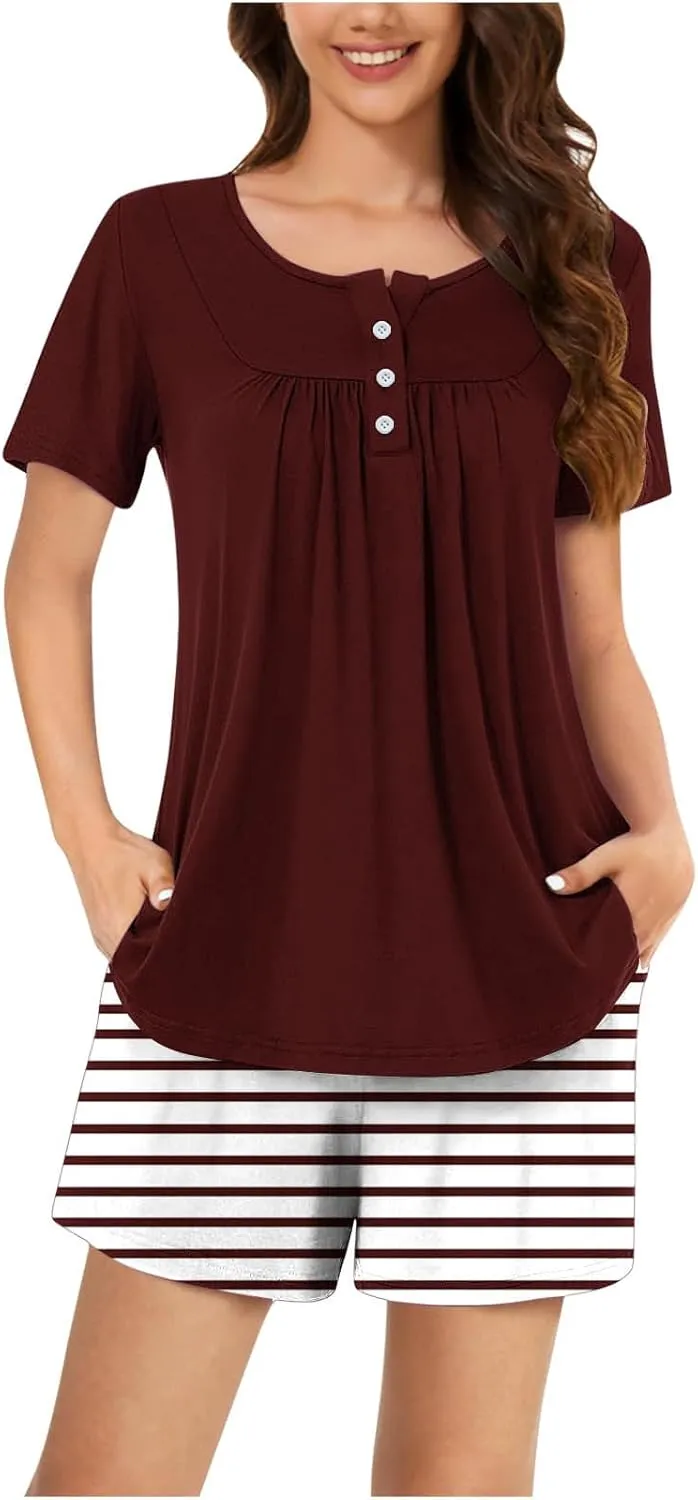 Women Summer Pajamas Set With Pockets Short Sleeve Button Down Sleepwear 2 Piece Outfits Casual Lounge Set womens pajamas summer pajama set women Wine S