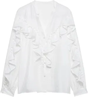 Women Vertical Lace Stacked Blouse Long Sleeve Shirt V-Neck Ruffled Collar Button Top